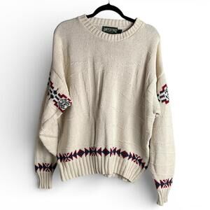 Vintage American Eagle Cream Knit Cotton Sweater with Geometric Pattern